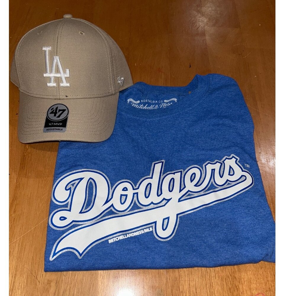 NEW LA Dodgers Bundle Mitchell & Ness Unisex M Tee & '47 Adjustable Hat MSRP $75